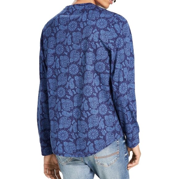 NEW Mens Sun + Stone Printed Shirt Blue Round Neck Long Sleeve Medium Cotton Ble - Picture 9 of 11